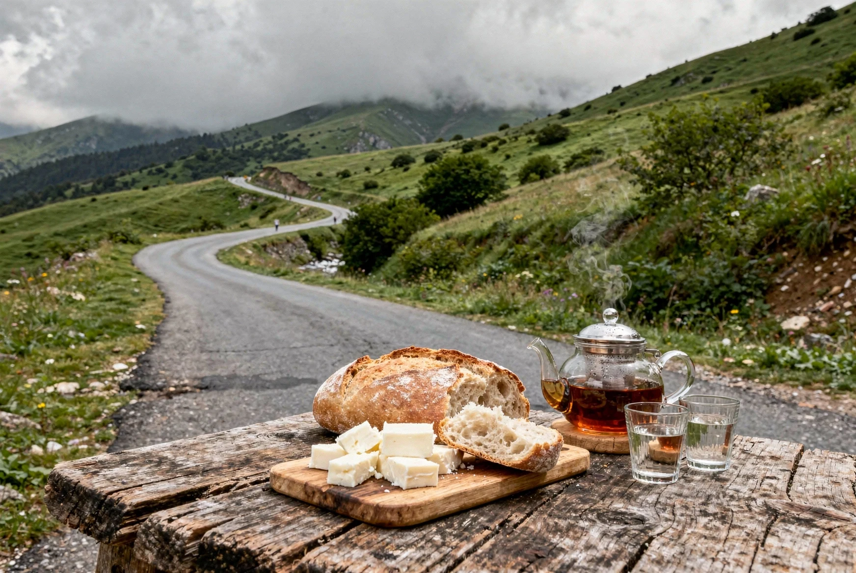 Rustic roadside lunch in the green Adjara highlands with local food on a wooden table