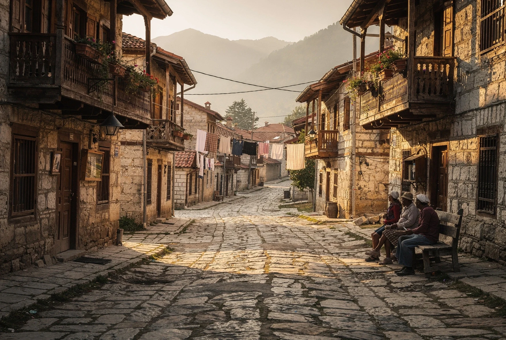 Quiet cobblestone street in Akhaltsikhe with traditional stone houses and wooden balconies