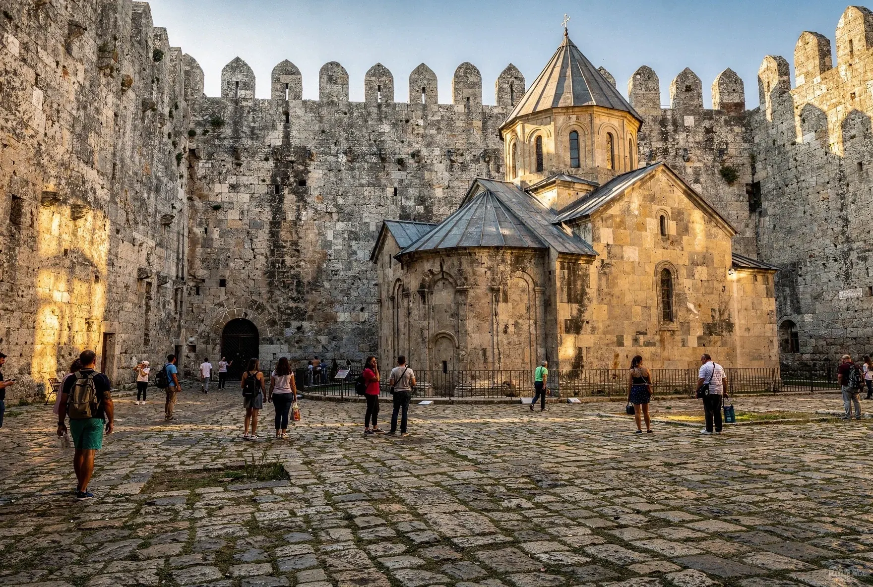 Interior courtyard of Ananuri Fortress showing the medieval church dome and weathered stone walls