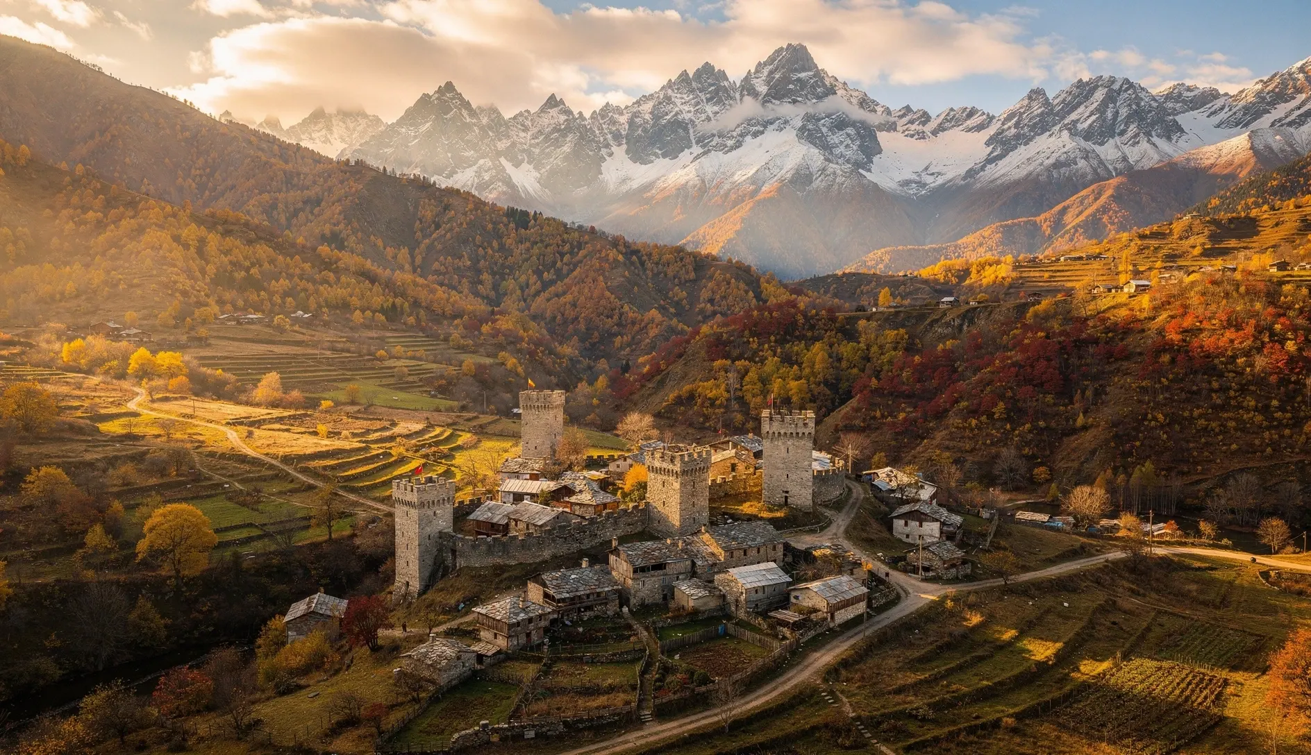 Georgian mountain valley in peak autumn colors with golden foliage, stone towers, and snow-dusted Caucasus peaks at golden hour