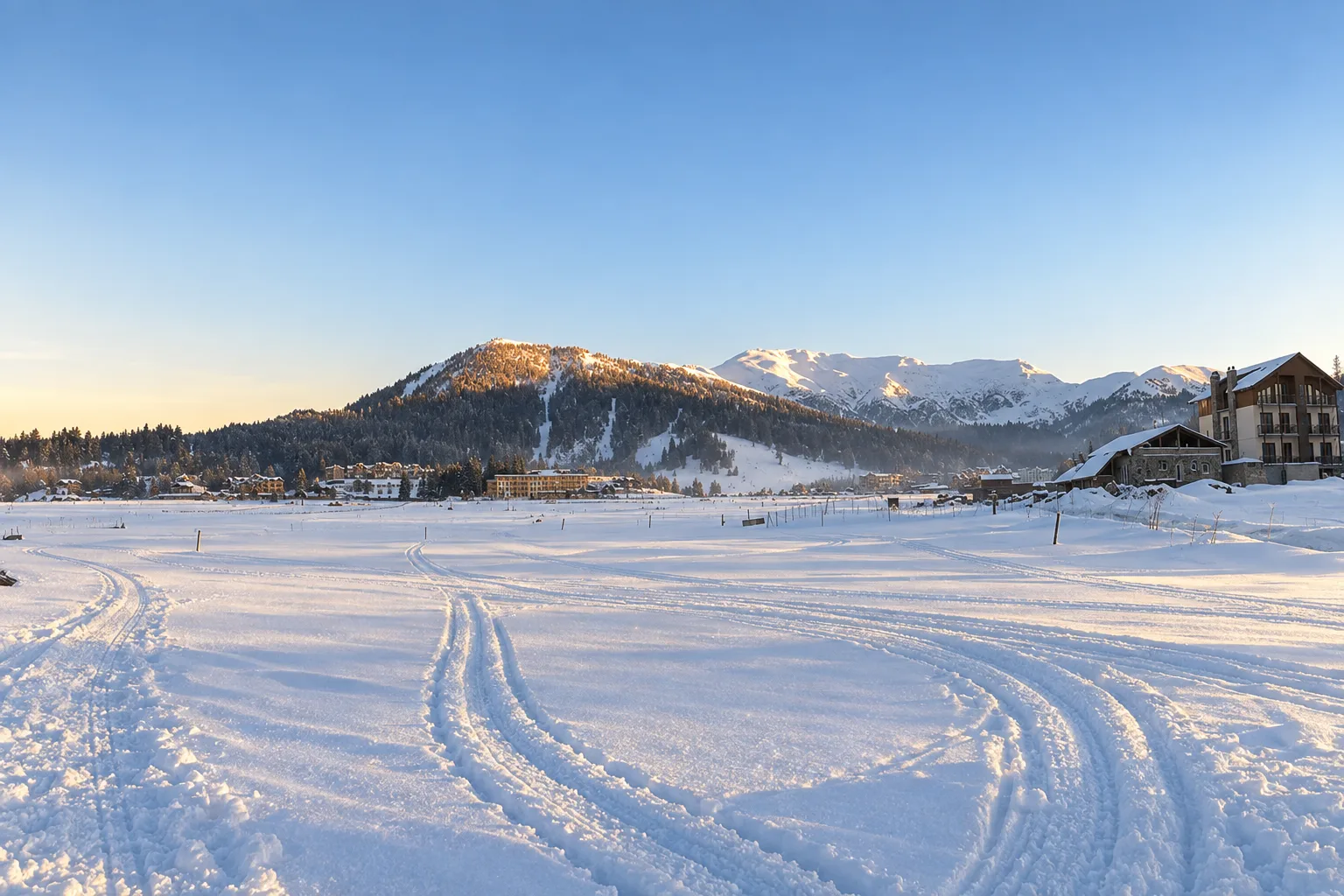 Snow-covered meadow at Bakuriani on a clear winter morning with the forested slopes of Mount Kokhta and a snow ridge behind