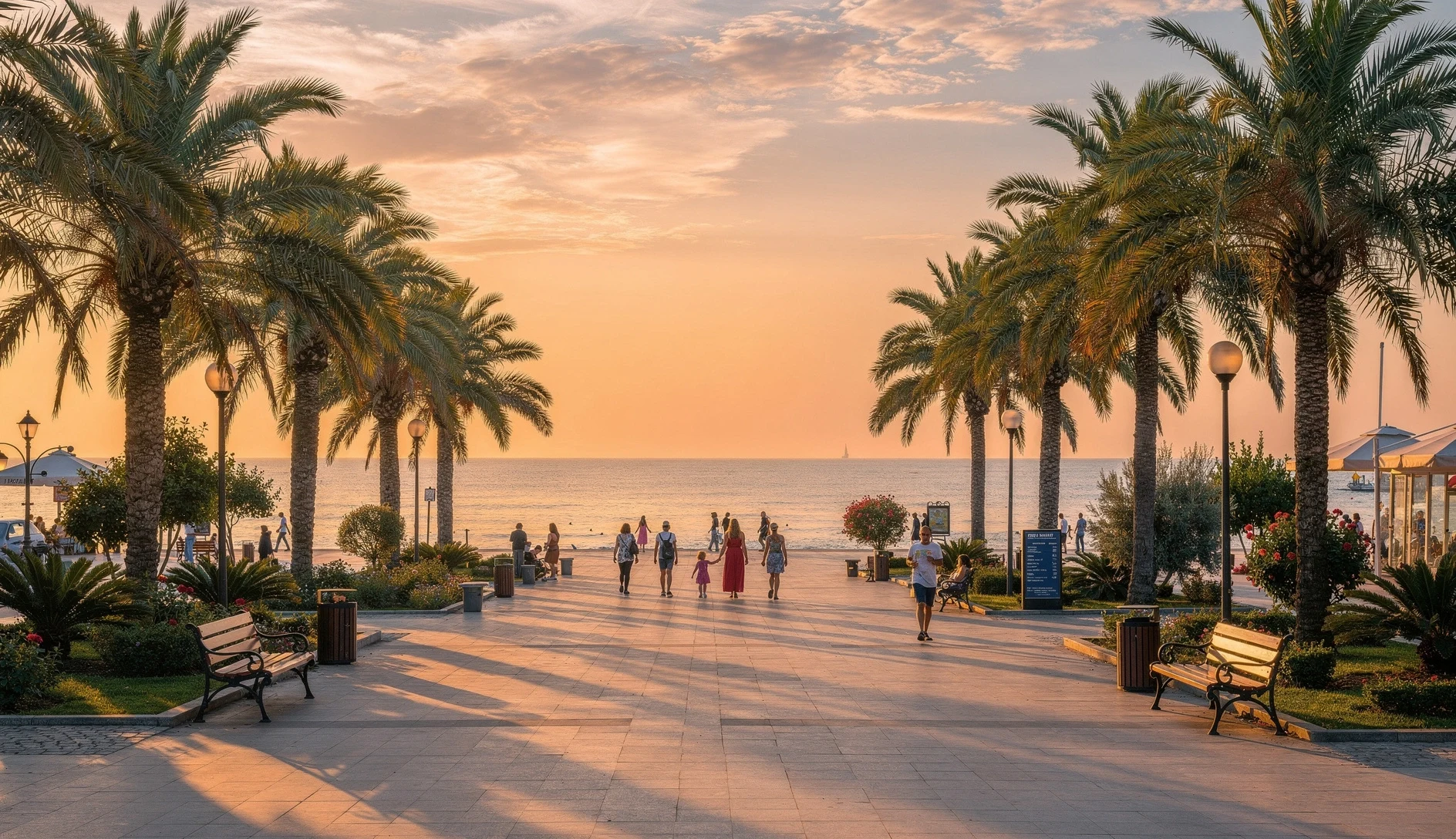 Batumi seaside boulevard at sunset with palm trees and the Black Sea