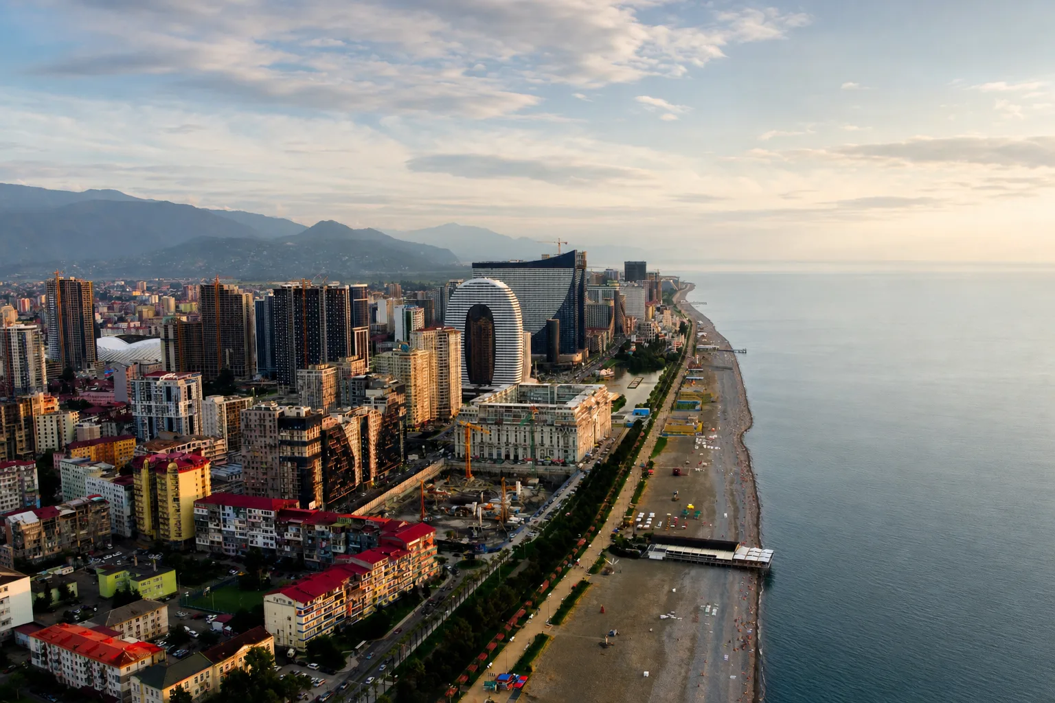 Batumi skyline and Black Sea waterfront at sunset