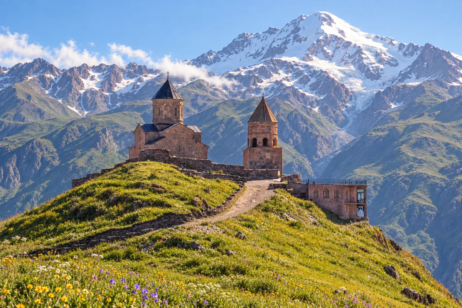 Gergeti Trinity Church on its green ridge above Stepantsminda on a clear June morning, wildflowers in the meadow and fresh snow on the summit of Mount Kazbek behind