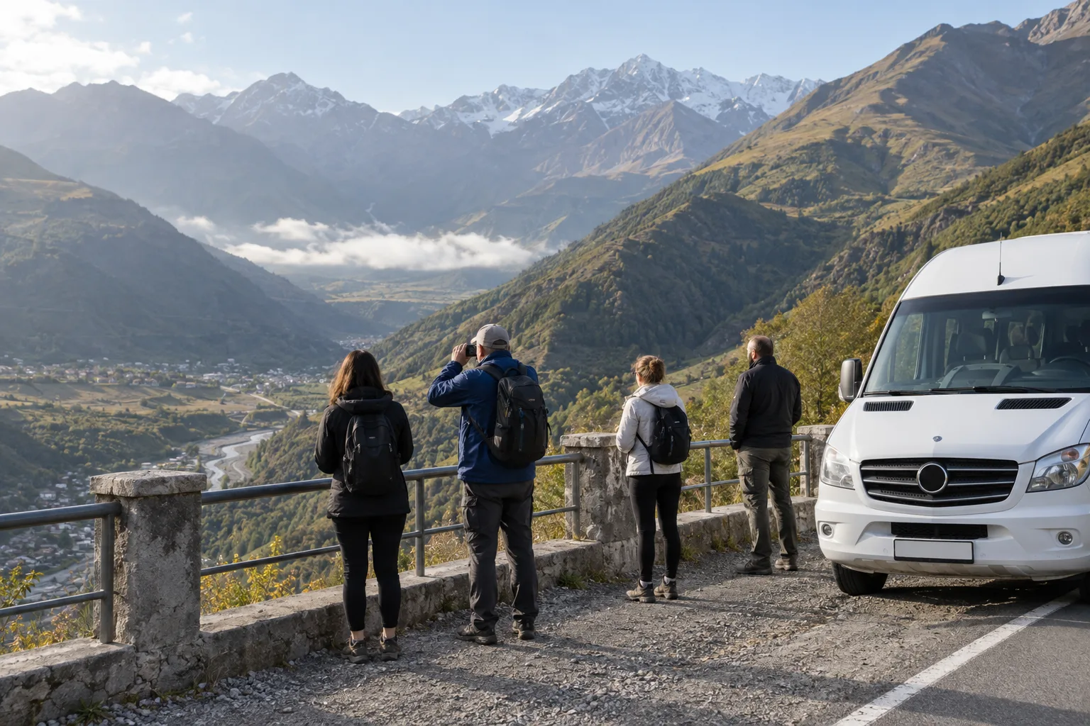 Four travellers at a stone viewpoint railing on the Georgian Military Highway with a white tour minibus parked beside them and snow-topped peaks beyond