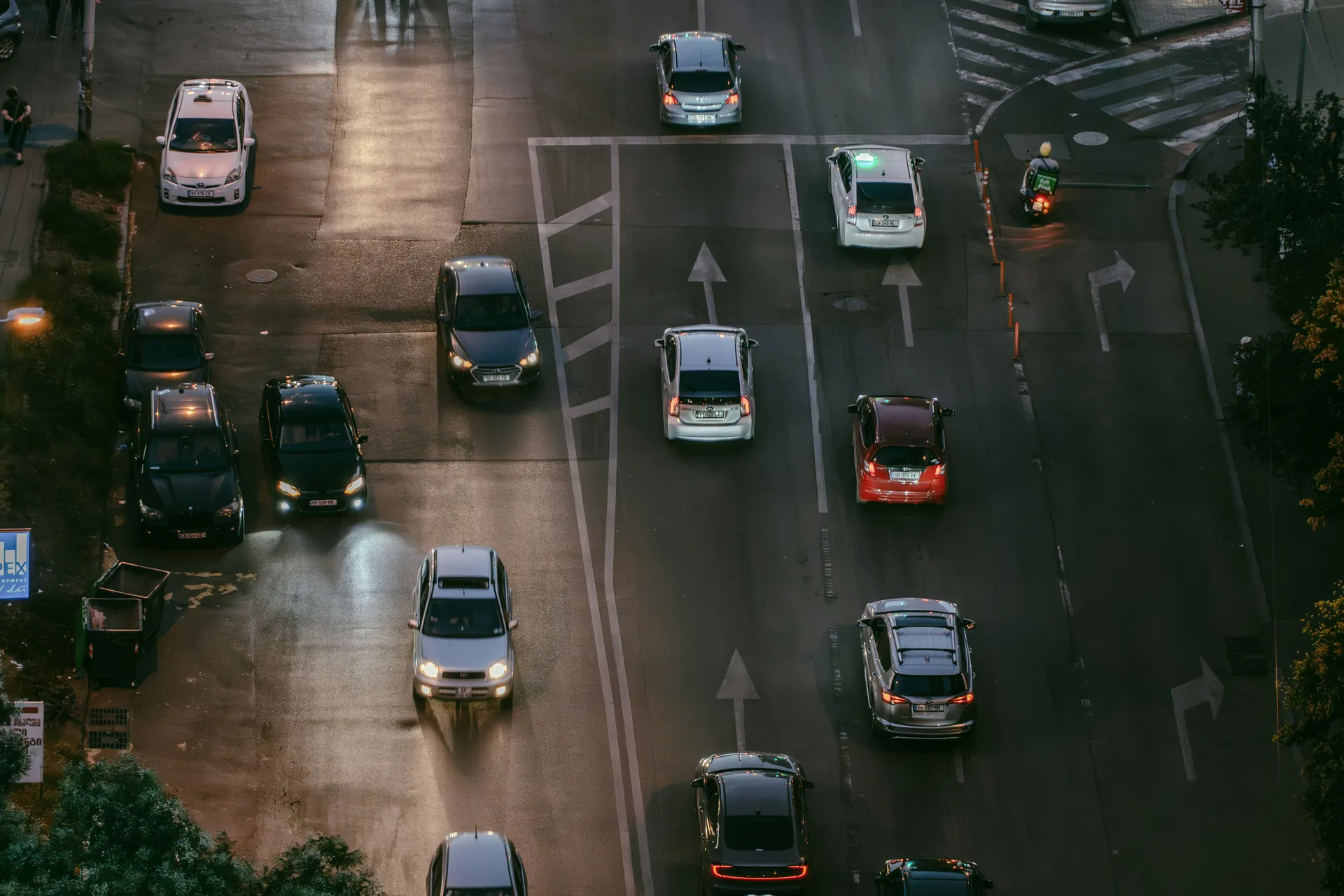 Aerial view of a busy Tbilisi intersection at dusk