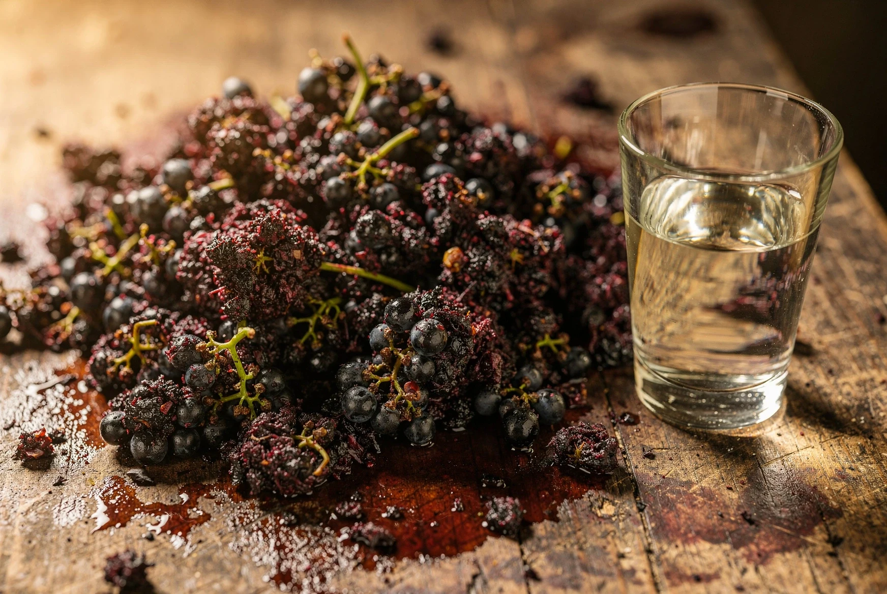 Pressed grape skins and stems beside a small glass of clear spirit in a rustic winery setting