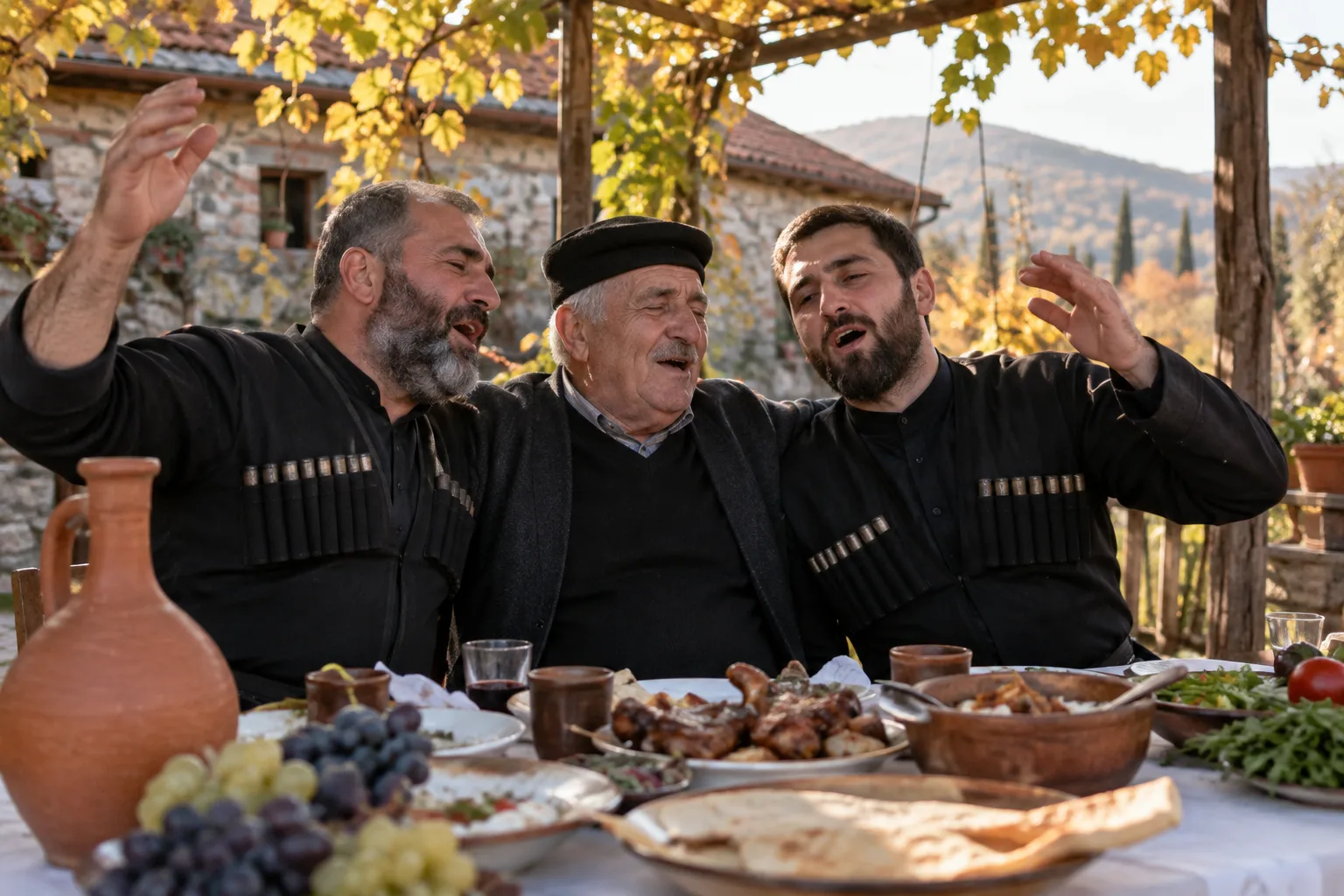Three men in black chokhas singing together at a supra table under a grapevine pergola in a Kakheti village, clay wine jug and plates on a white tablecloth
