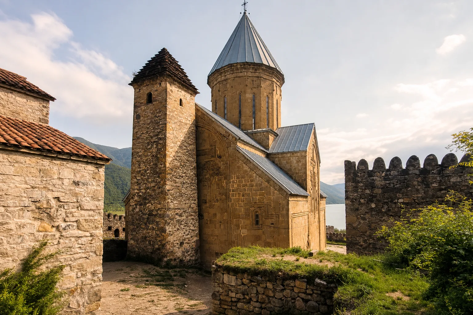 Church of the Assumption and the stone tower inside the walls of Ananuri fortress
