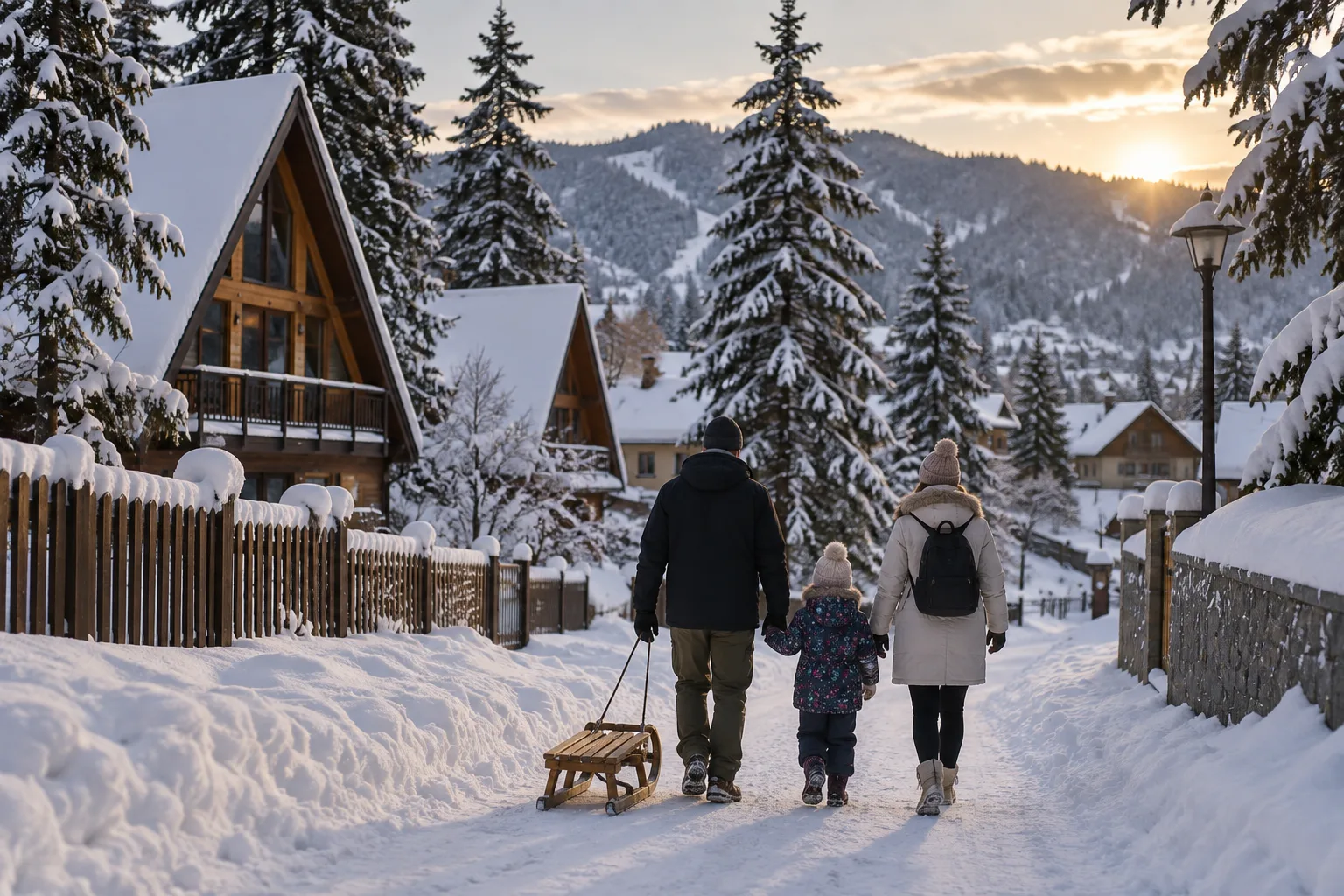 Snowy side street in Bakuriani with timber A-frame guesthouses and spruce trees, a family walking away pulling a sledge