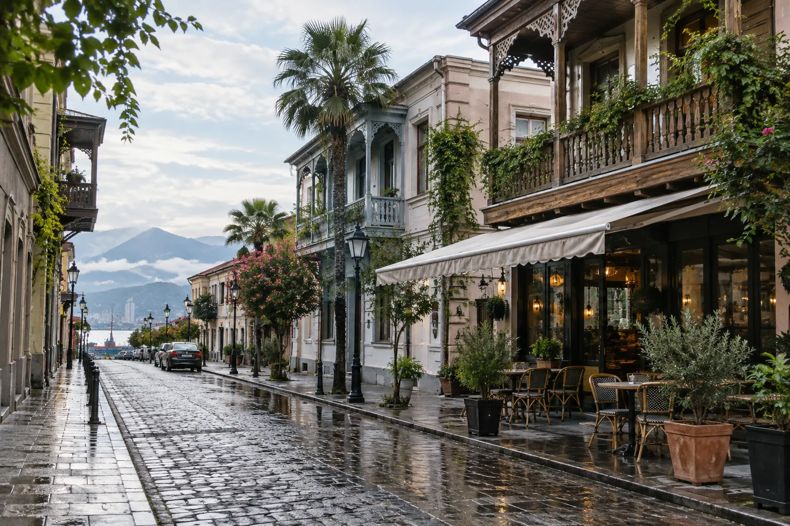 Quiet old-town street in Batumi with two-storey houses, wooden balconies and a small cafe terrace in the morning