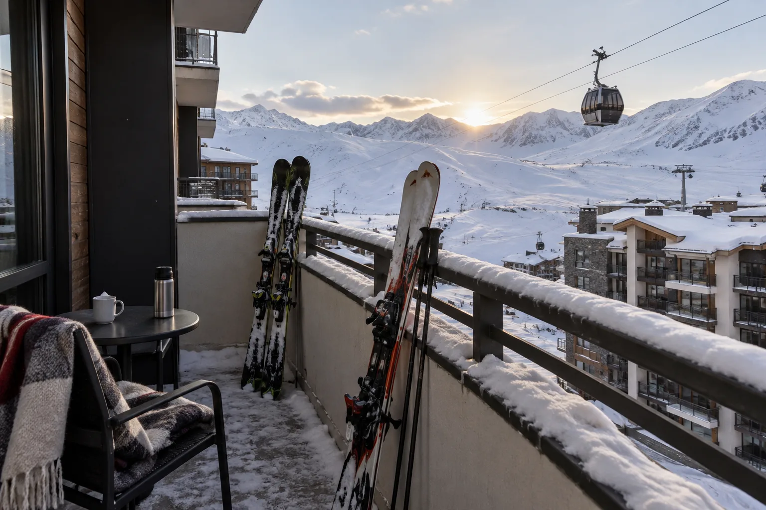 Two pairs of skis leaning on the snow-covered railing of a small apartment balcony in a modern Gudauri ski resort block, a gondola cable and wide treeless snow slopes beyond in late afternoon light