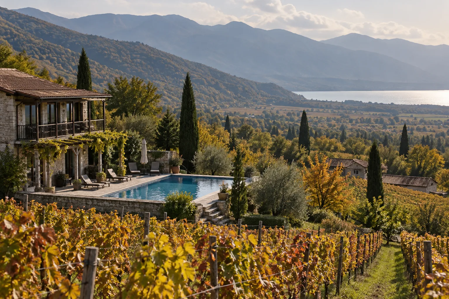 Small stone vineyard hotel with a pool among rows of autumn vines at the foot of forested Caucasus foothills near Kvareli, a lake catching the light in the valley beyond