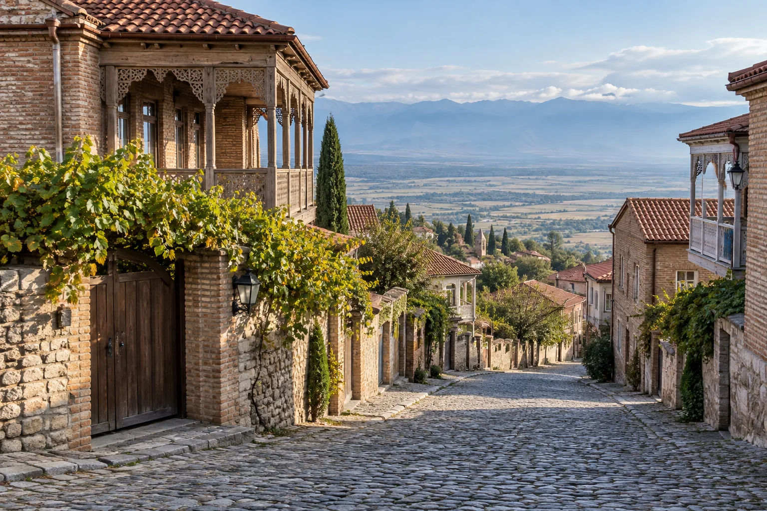 Steep cobbled street in Sighnaghi lined with brick houses and carved wooden balconies, a guesthouse gate under a vine, and the flat Alazani valley far below at the end of the street