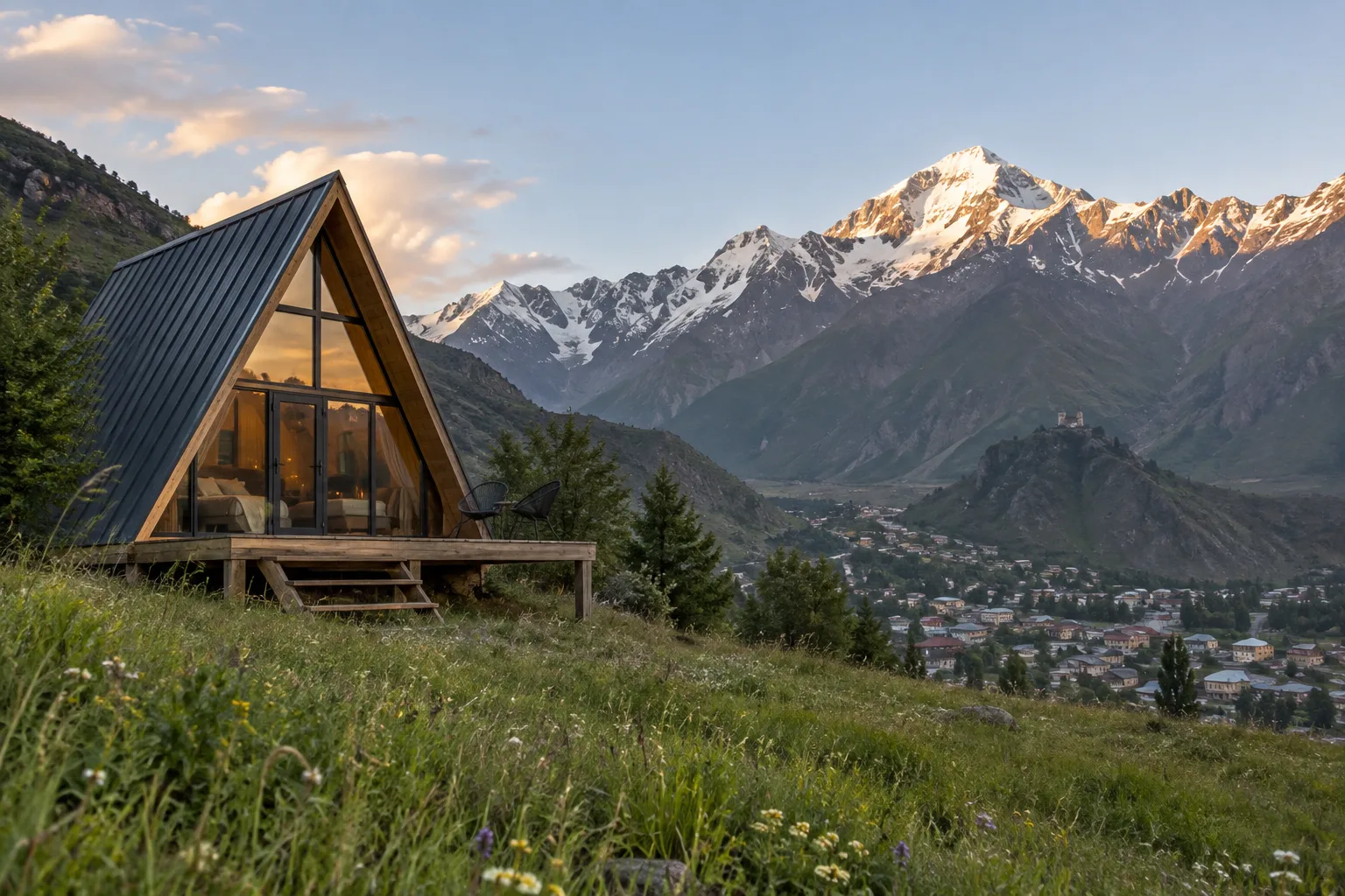 Small A-frame timber cabin with a glass front and a deck on a meadow above Stepantsminda, snow peaks behind