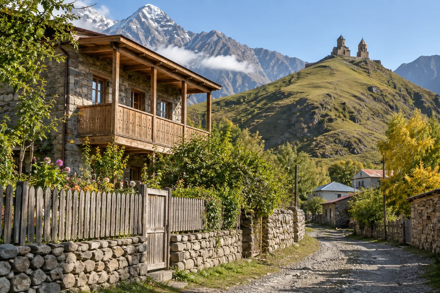 Stone and timber guesthouse with a wooden balcony on a lane in Gergeti village, the church on the ridge above