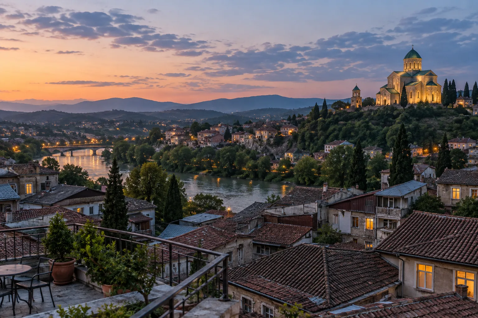 View at dusk from a Kutaisi roof terrace across tiled rooftops and the Rioni to Bagrati Cathedral floodlit on its hill