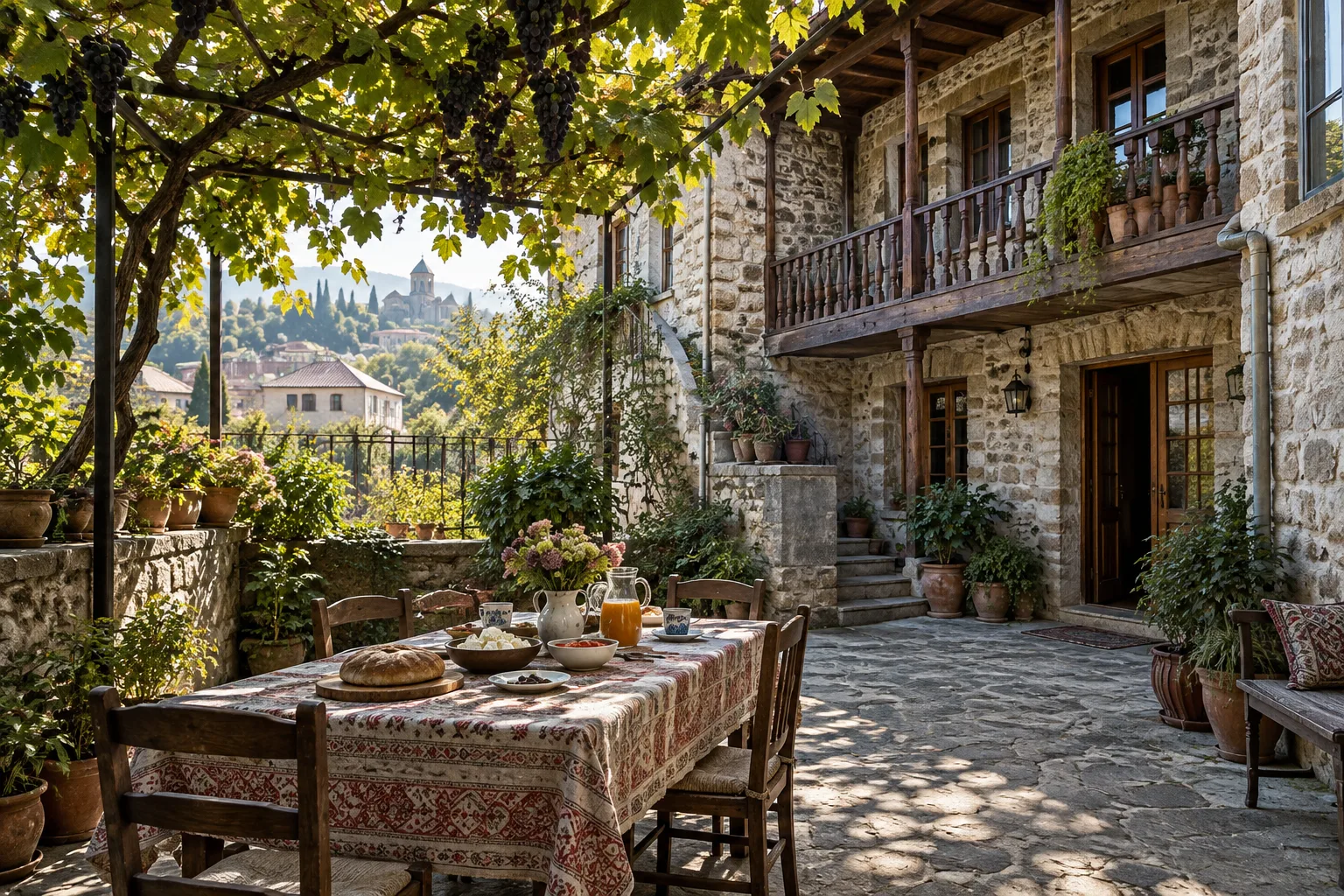 Breakfast table laid under a grapevine pergola in the courtyard of a two-storey stone guesthouse in old Kutaisi with a wooden balcony above and Bagrati Cathedral in the distance