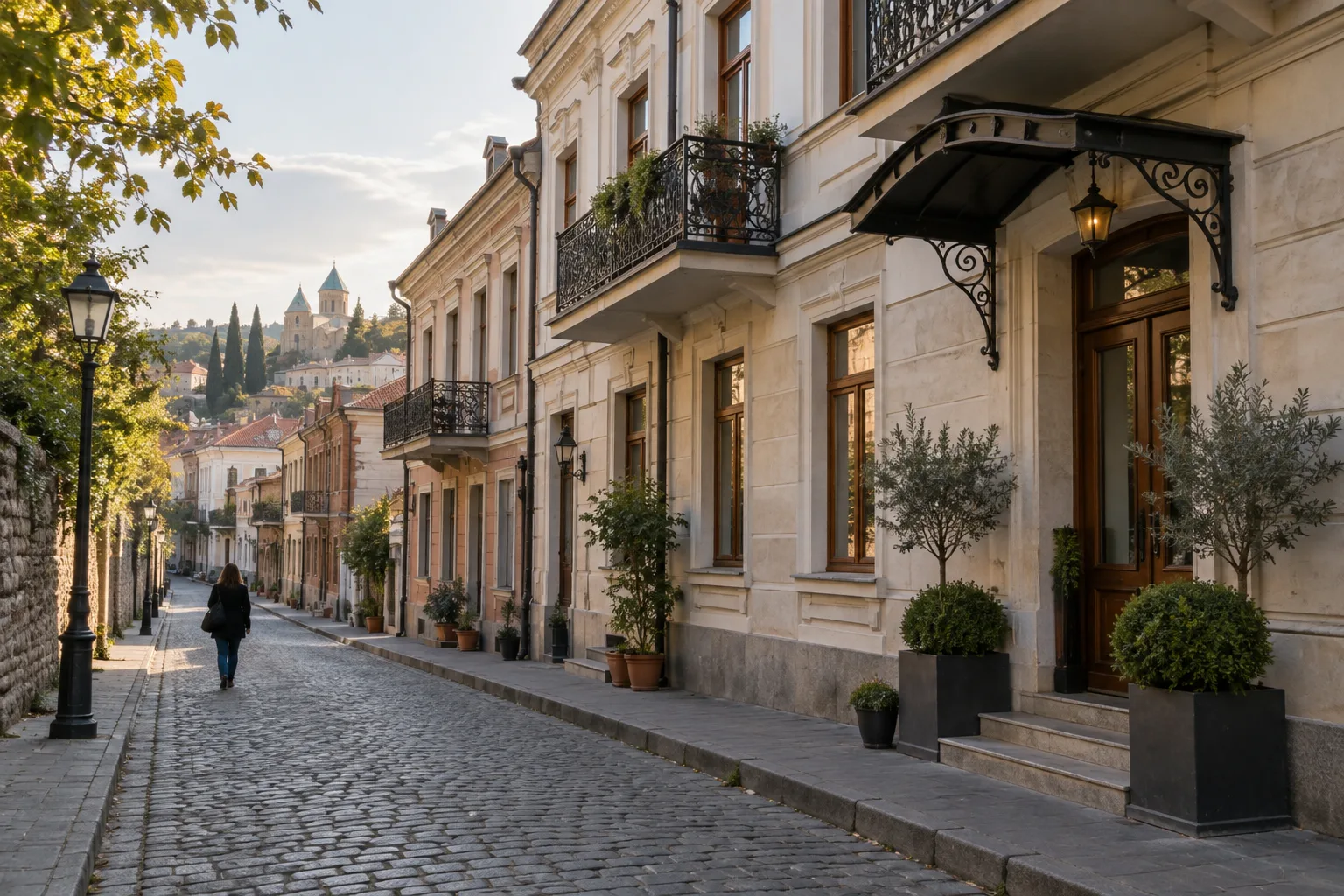 Quiet cobbled street of restored nineteenth-century townhouses with iron balconies in central Kutaisi, a small hotel entrance with potted plants and Bagrati Cathedral on the hill at the end