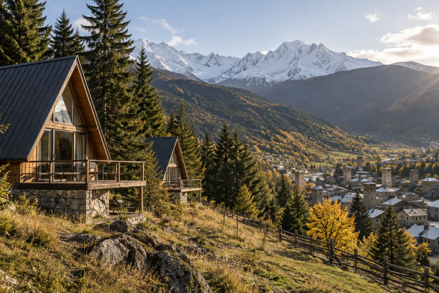Two timber A-frame chalets with glass fronts and stone bases on a grassy slope above Mestia, spruce forest around them, the town's towers in the valley and snow peaks beyond