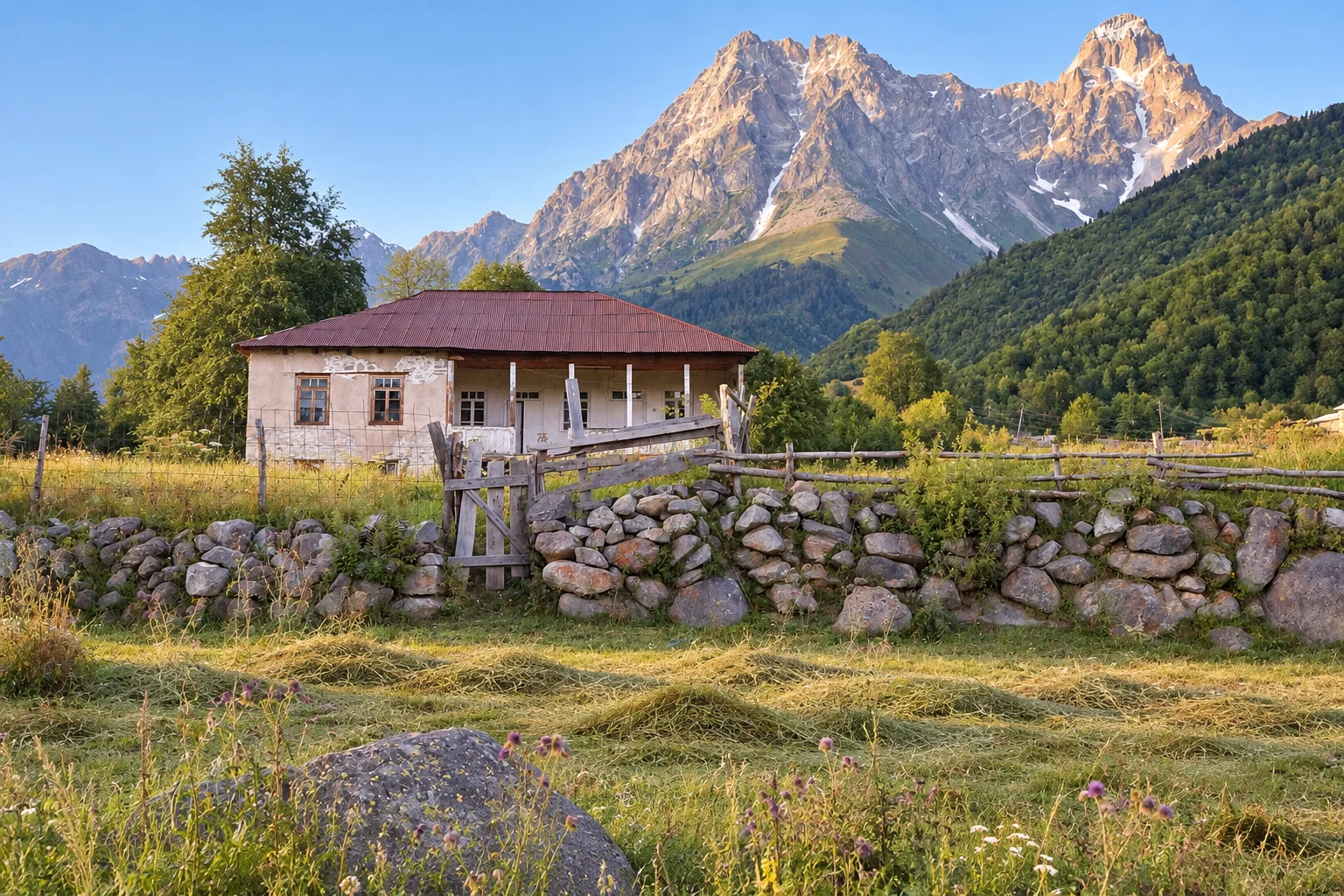 Whitewashed village house with a red tin roof behind a stone wall and hay meadow in Mazeri, the twin rock summits of Mount Ushba rising above forested slopes behind