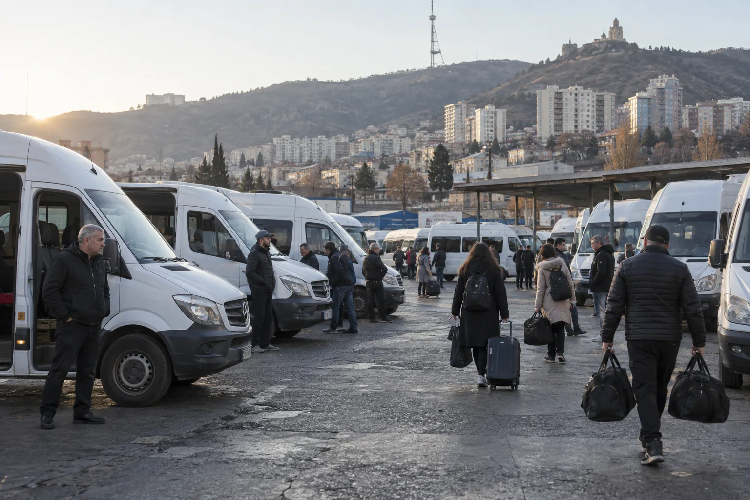 Rows of white minibuses in the Didube bus yard in Tbilisi in early morning light with passengers carrying bags between them