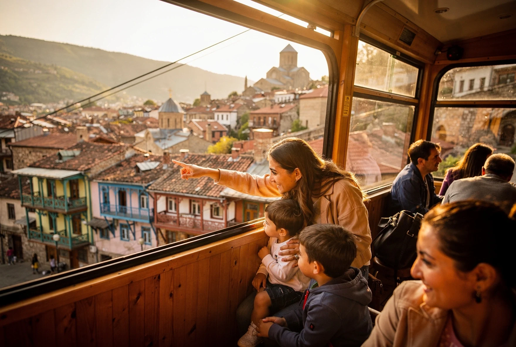 Family riding Tbilisi cable car over old town rooftops at golden hour