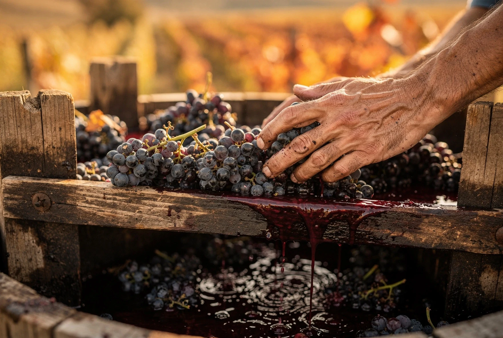 Close-up of hands pressing grapes in a traditional Georgian wine press during the Rtveli harvest