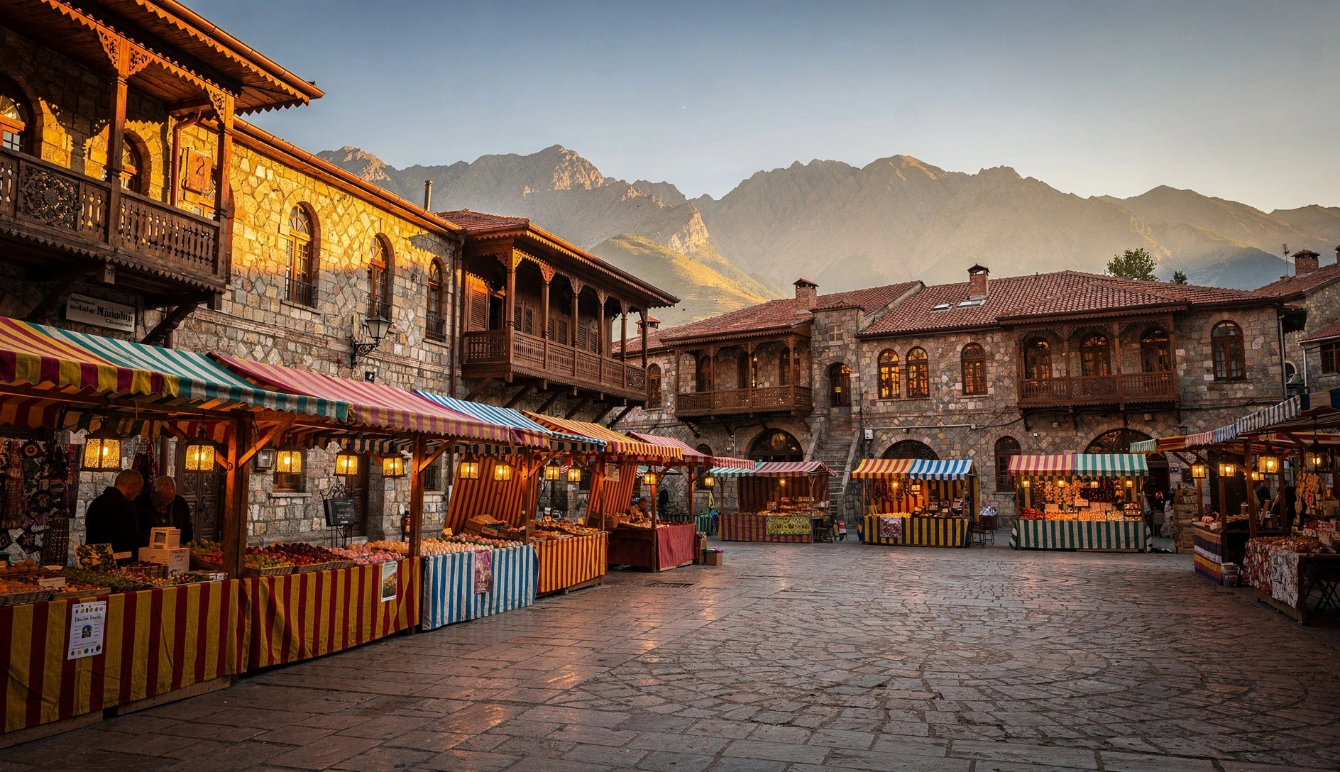 A festive Georgian town square at golden hour with colorful market stalls and traditional buildings