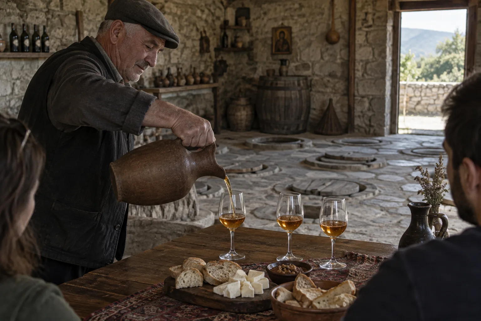 Winemaker in a flat cap pouring amber wine from a clay jug into three glasses on a wooden table in a stone family cellar in Kakheti, qvevri lids set into the floor behind