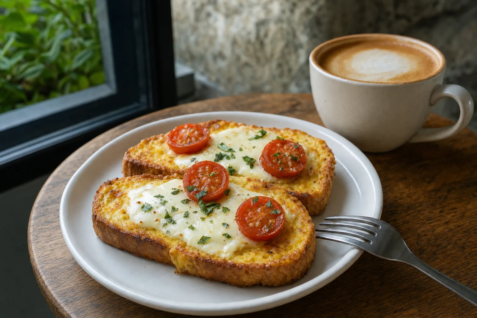 Two slices of egg-fried bread topped with melted sulguni cheese and cherry tomato halves on a white plate beside a cappuccino on a wooden cafe table