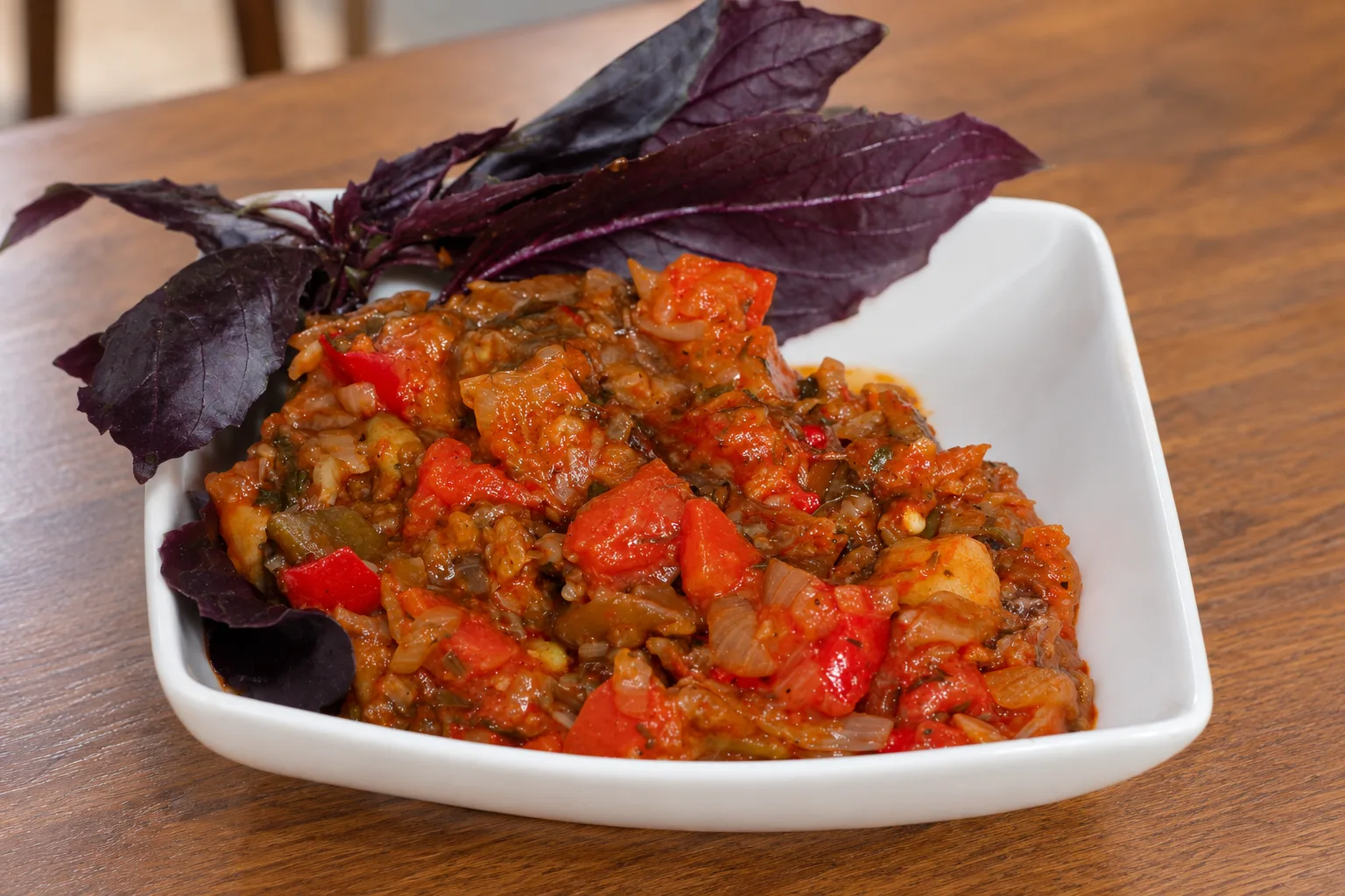 A white bowl of ajapsandali, a stew of aubergine, tomato and pepper, with purple basil leaves