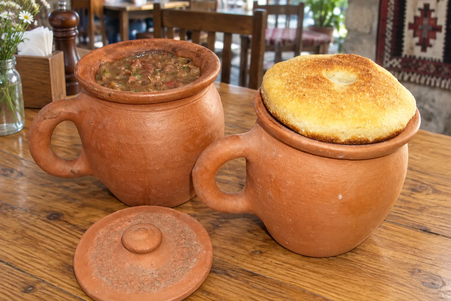 Two clay pots of lobio on a wooden table, one with a round mchadi cornbread on top