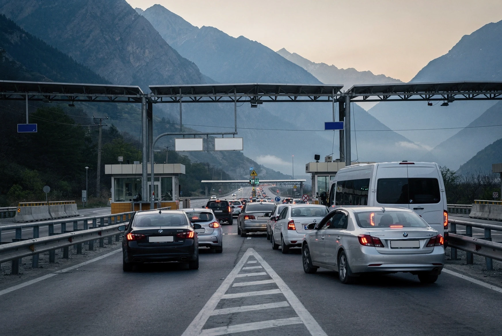 Cars and a passenger minibus approaching a land border crossing in a mountain valley in Georgia