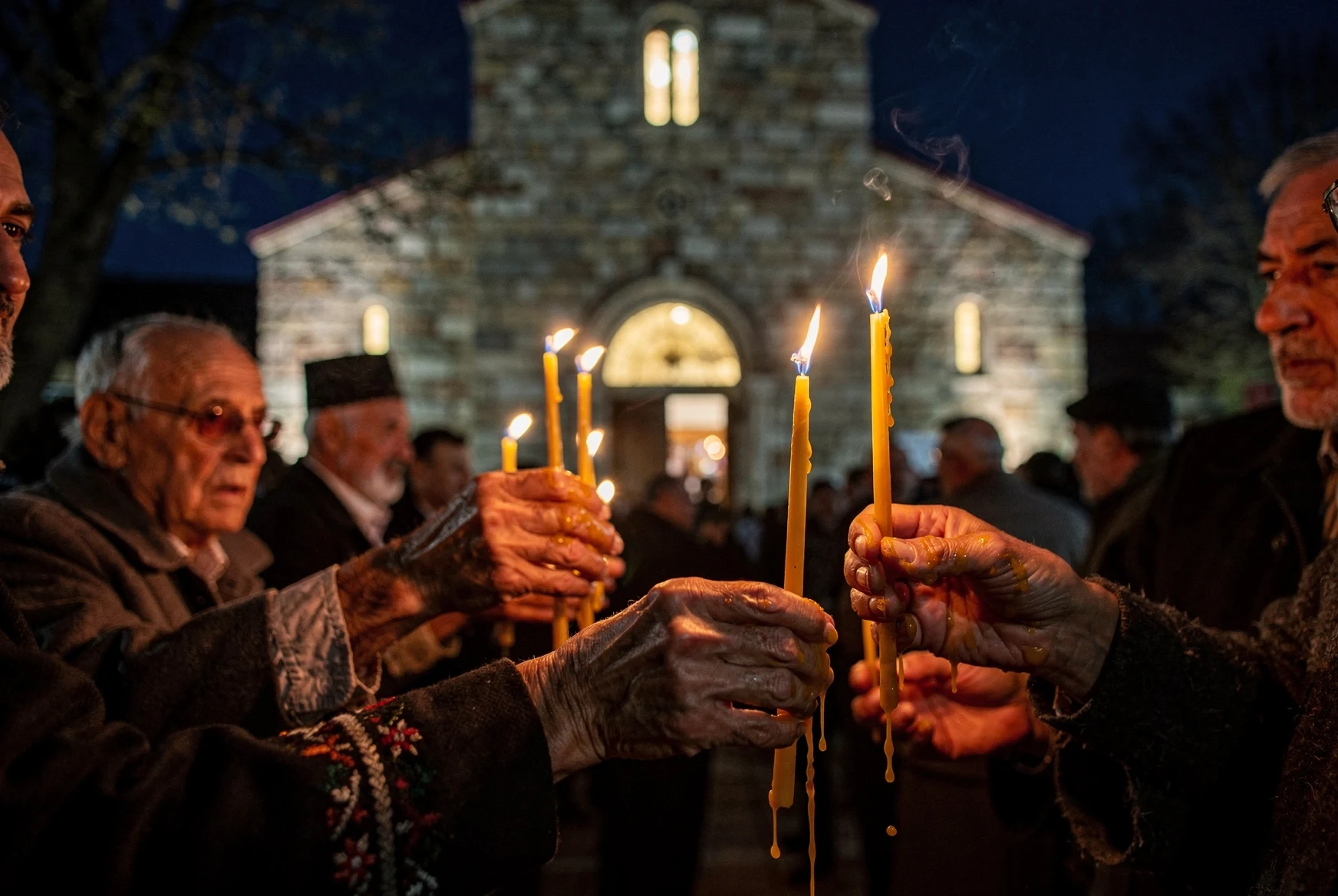 Close-up of candlelight during an Orthodox Easter service in Georgia