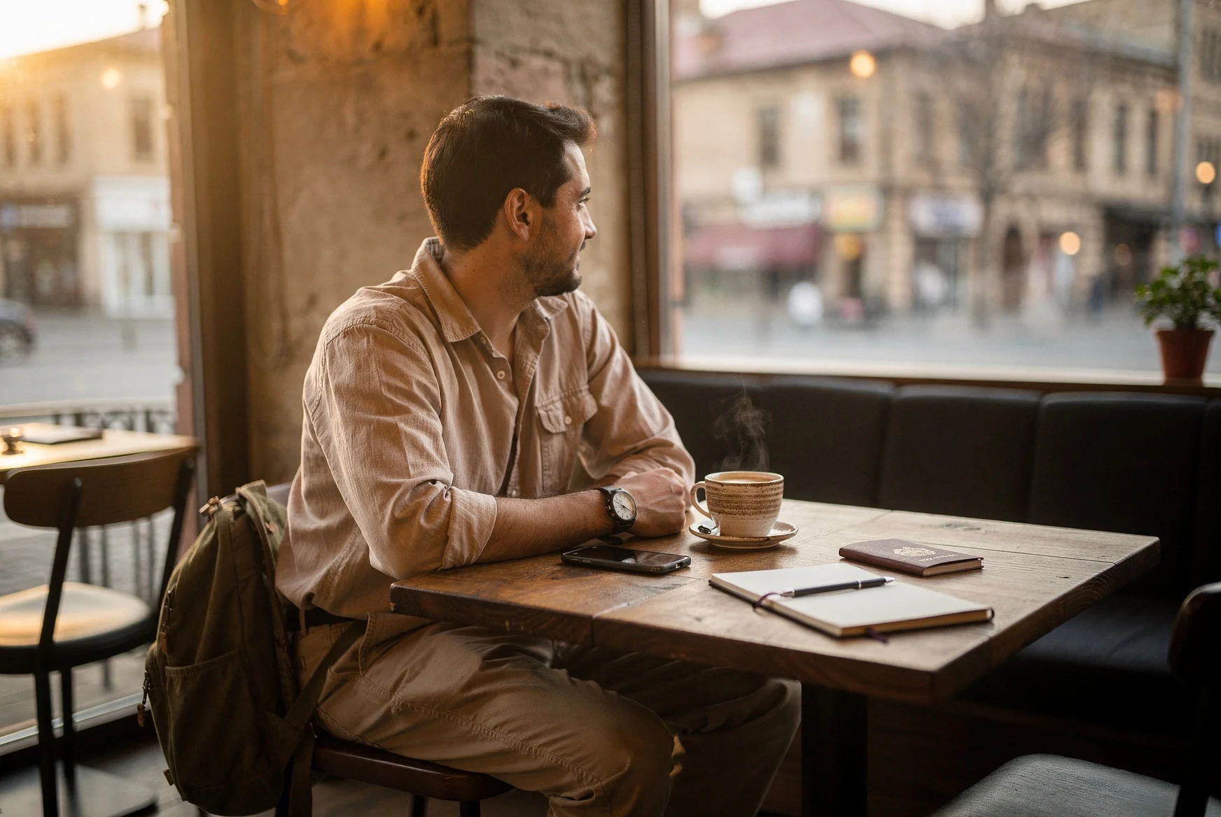 Traveller in a Tbilisi cafe with coffee, passport and smartphone on a wooden table