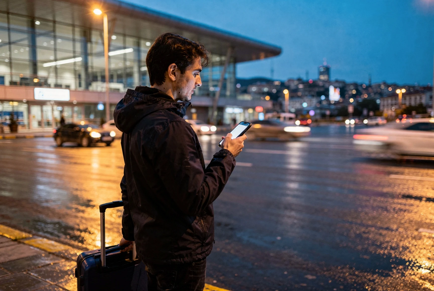 Traveller arriving at the airport with luggage and a smartphone at blue hour