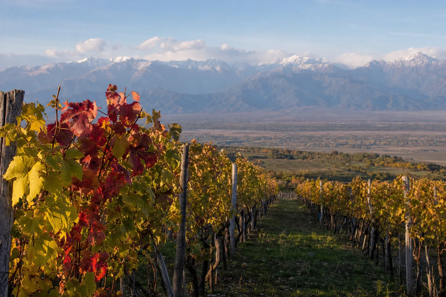 Vineyard rows turning yellow and red in the Alazani valley, Kakheti, with the snow-dusted Caucasus behind