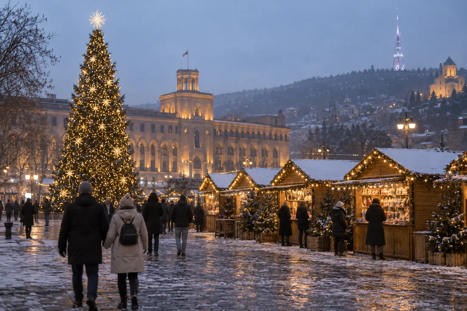 Lit New Year tree and a row of wooden market huts on a snow-dusted square in central Tbilisi at dusk in December, with people in winter coats walking between them