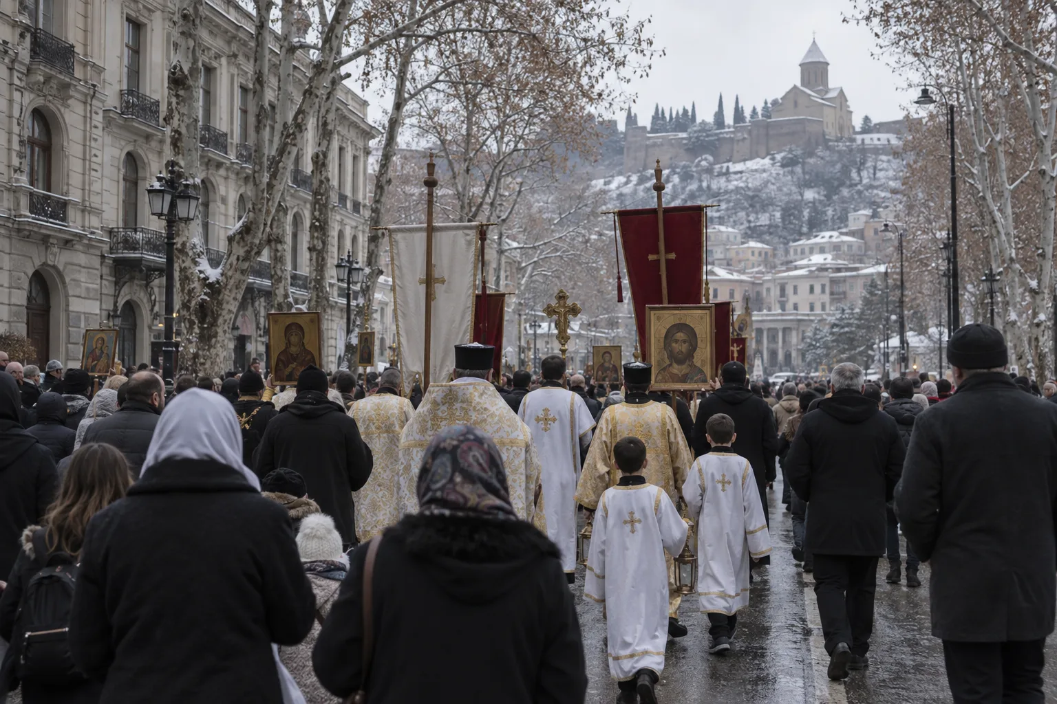 The Alilo procession on Orthodox Christmas in Tbilisi seen from behind: clergy in gold vestments, children in white and a crowd in winter coats carrying icons and banners down a snow-dusted avenue
