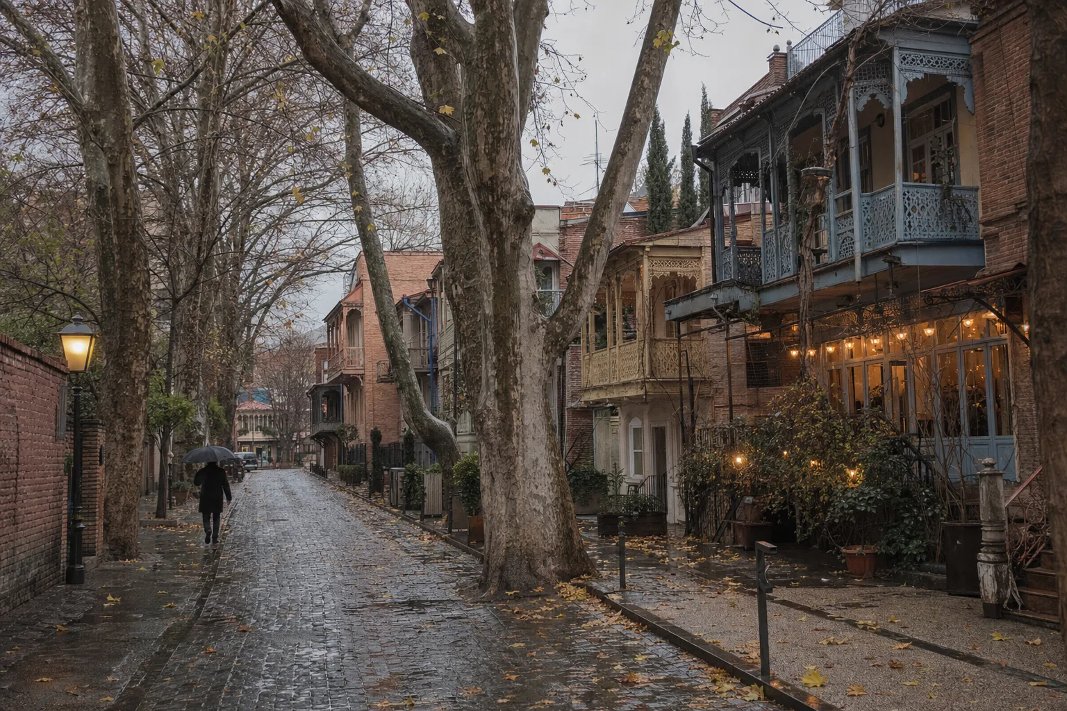 Wet cobbled street of carved wooden balconies in old Tbilisi under bare plane trees on a grey November afternoon, with lit cafe windows