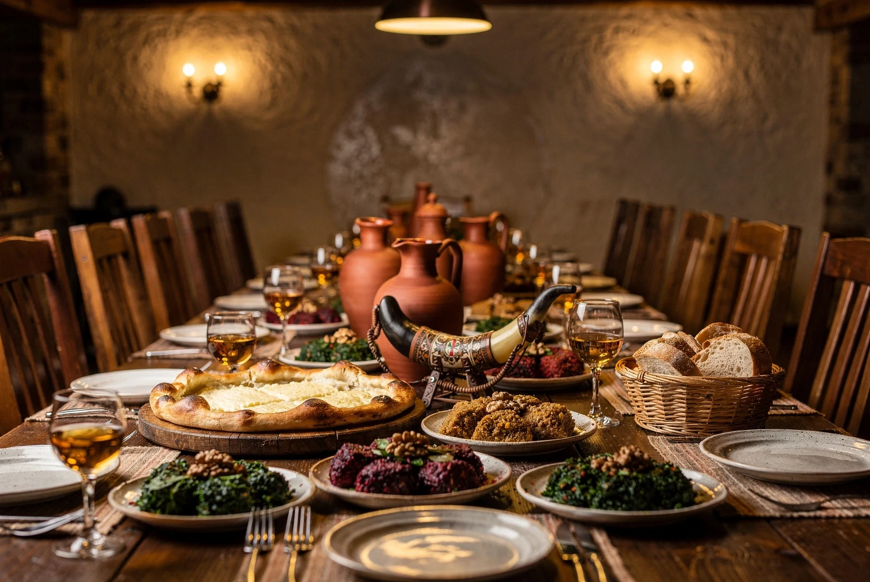 A Georgian supra table set with amber wine, a traditional drinking horn, clay jugs, khachapuri, and small plates before the toasts begin