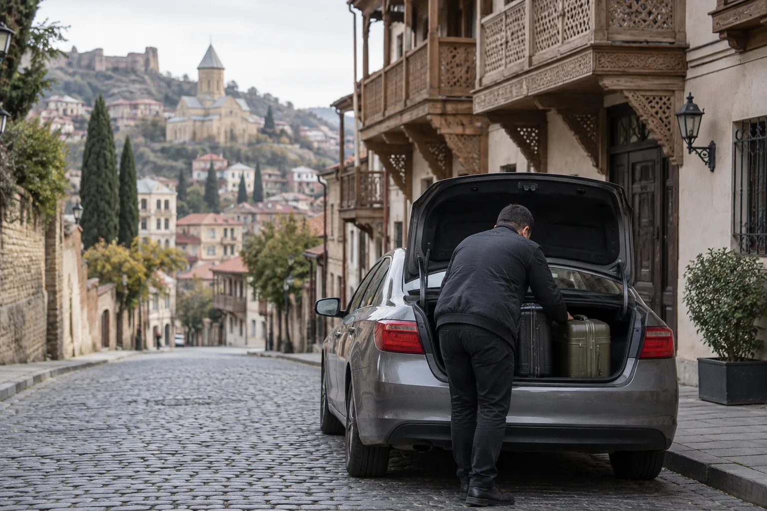 A driver loading two suitcases into the open boot of a grey sedan on a cobbled street in old Tbilisi with carved wooden balconies above