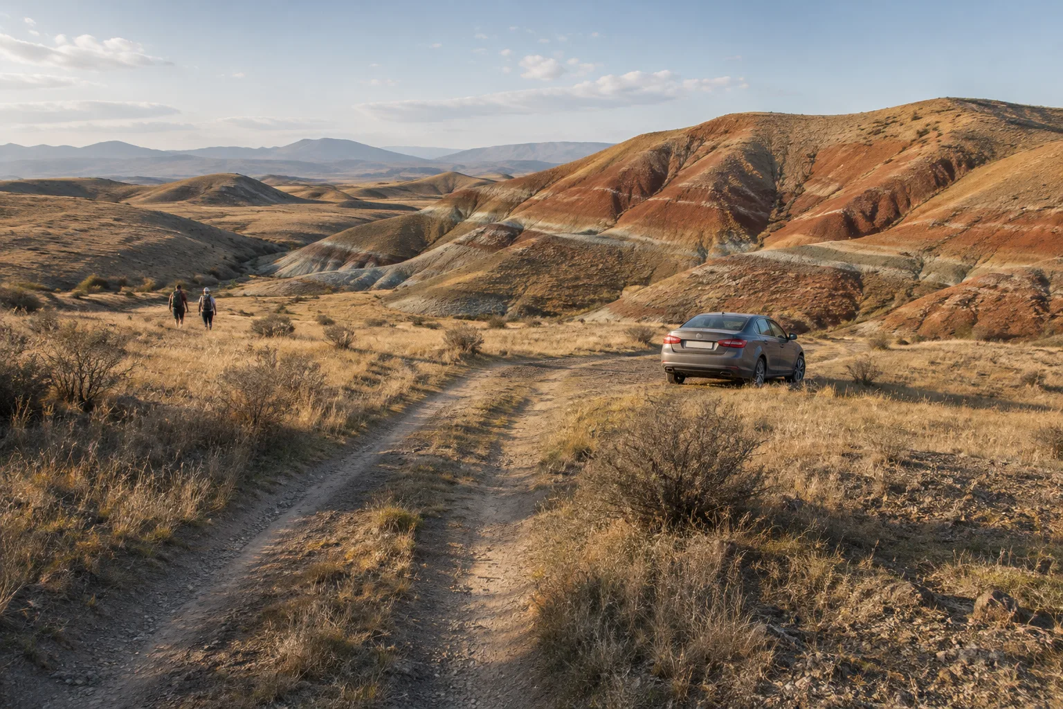 Striped red and grey semi-desert hills near Udabno in eastern Georgia with a dirt track, a parked grey sedan and two walkers in the distance