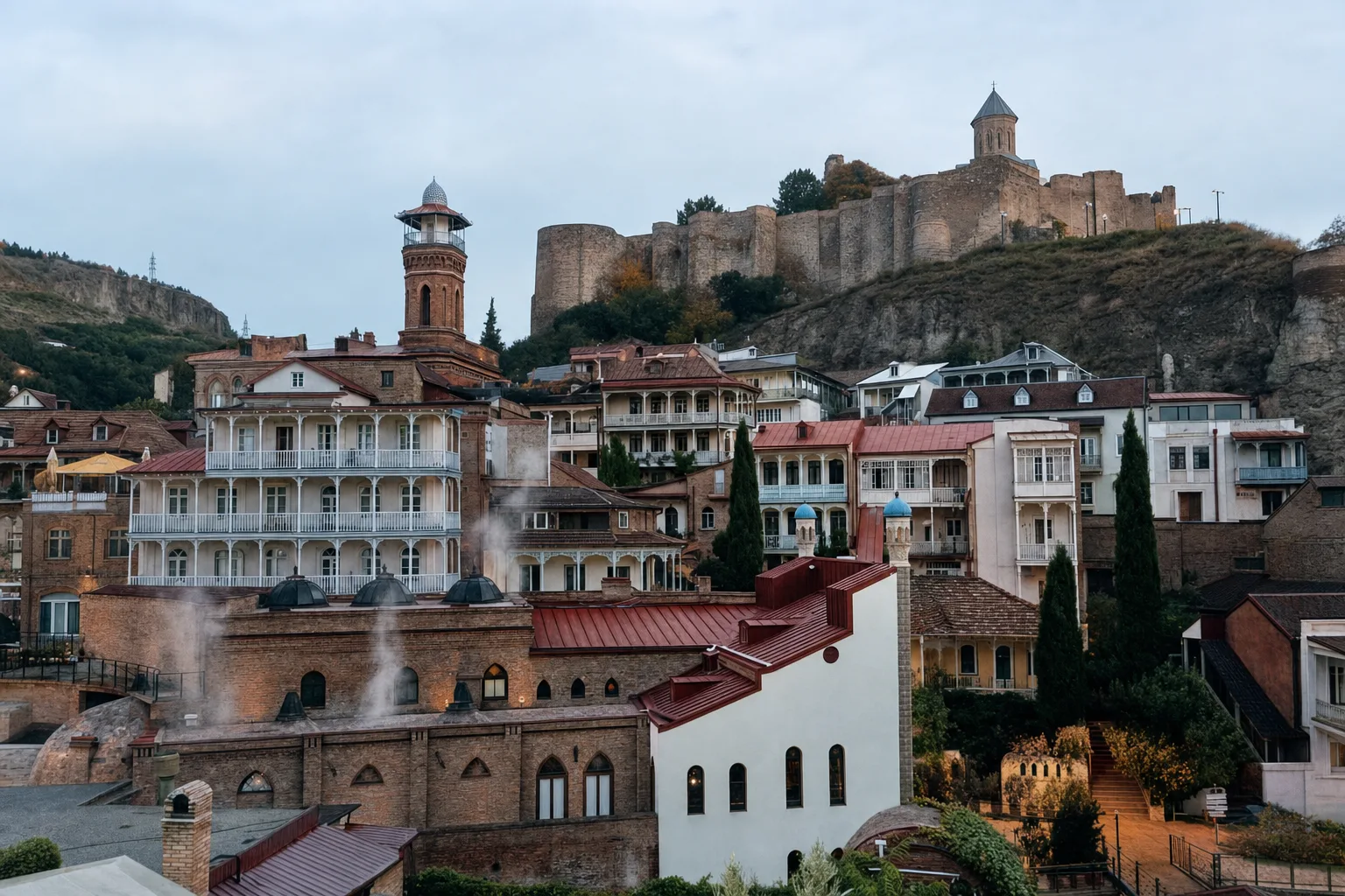 Brick domes of the sulfur bathhouses in Abanotubani with steam rising, the tiled minaret of the Jumah Mosque and Narikala fortress on the ridge above