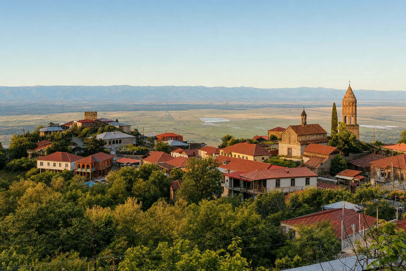 Pastel houses with carved wooden balconies on the hillside of Sighnaghi above the Alazani valley in warm afternoon light