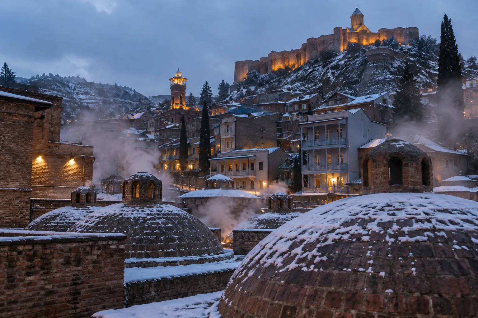 Snow-dusted brick domes of the sulfur bathhouses in Abanotubani, Tbilisi, steaming at dusk with the lit walls of Narikala on the hill behind
