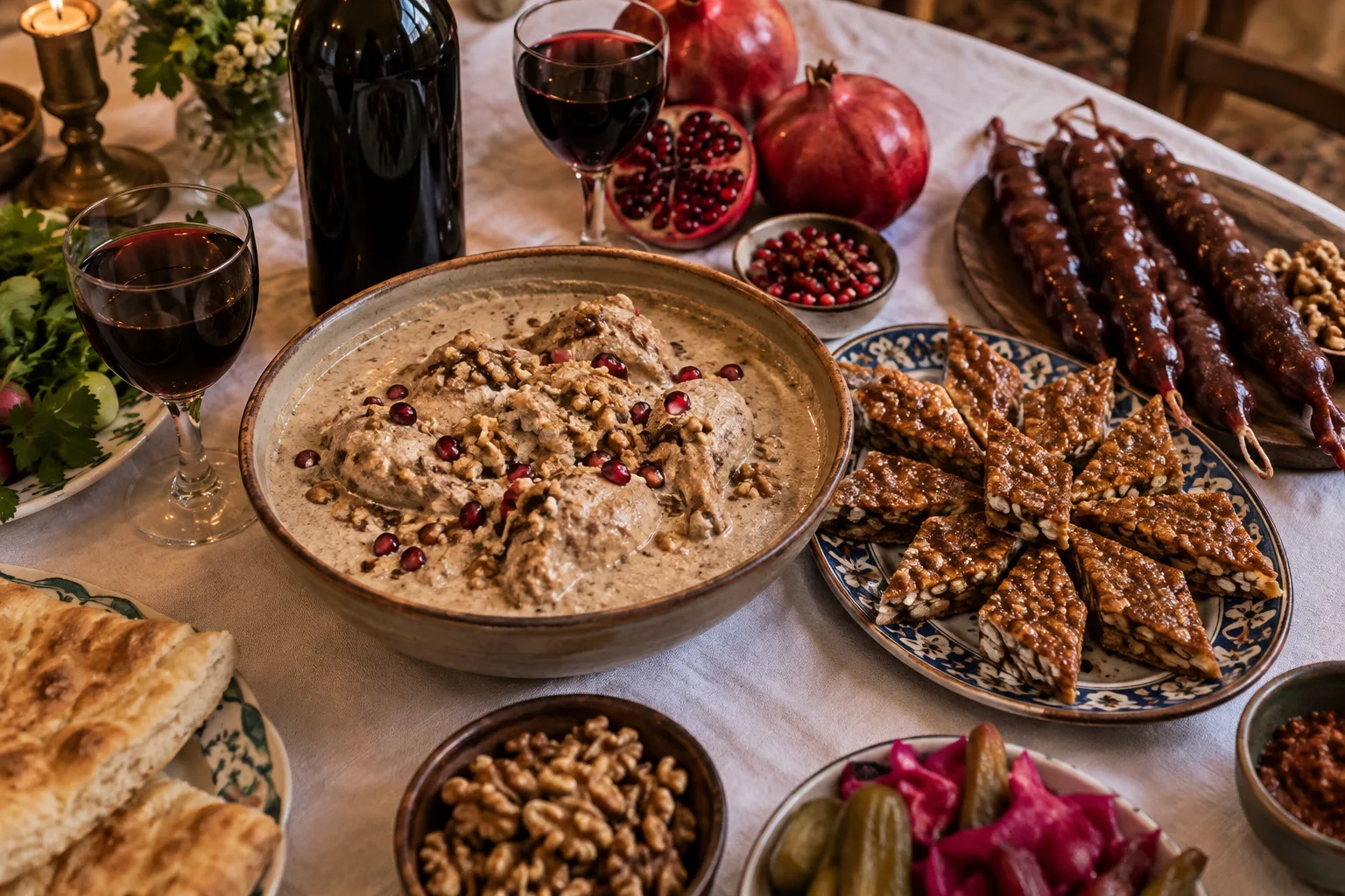 Georgian New Year table seen from above with a bowl of satsivi in walnut sauce, diamond-cut gozinaki, strings of churchkhela, pomegranates and glasses of red wine