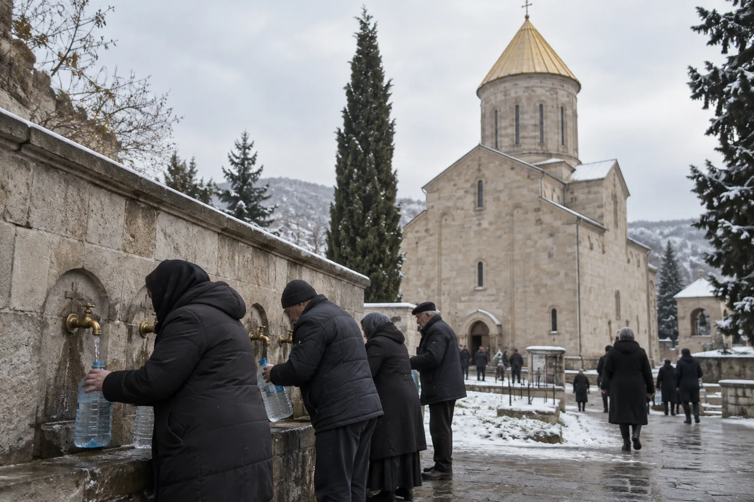 People in winter coats seen from behind filling plastic bottles with blessed water at brass taps in the stone wall of a Georgian church courtyard on Epiphany, with the church's gilded conical dome behind