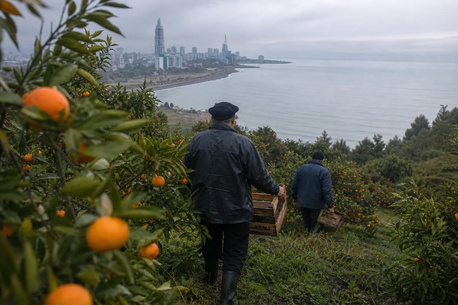 Pickers seen from behind with wooden crates in a mandarin orchard on a hillside above the Black Sea near Batumi on a grey November afternoon